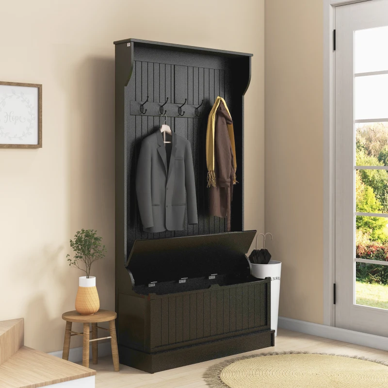 HOMCOM 3-In-1 Entryway Bench with Coat Rack, Hall Tree with Bench and Shoe Storage, 5 Hooks for Hallway Black
