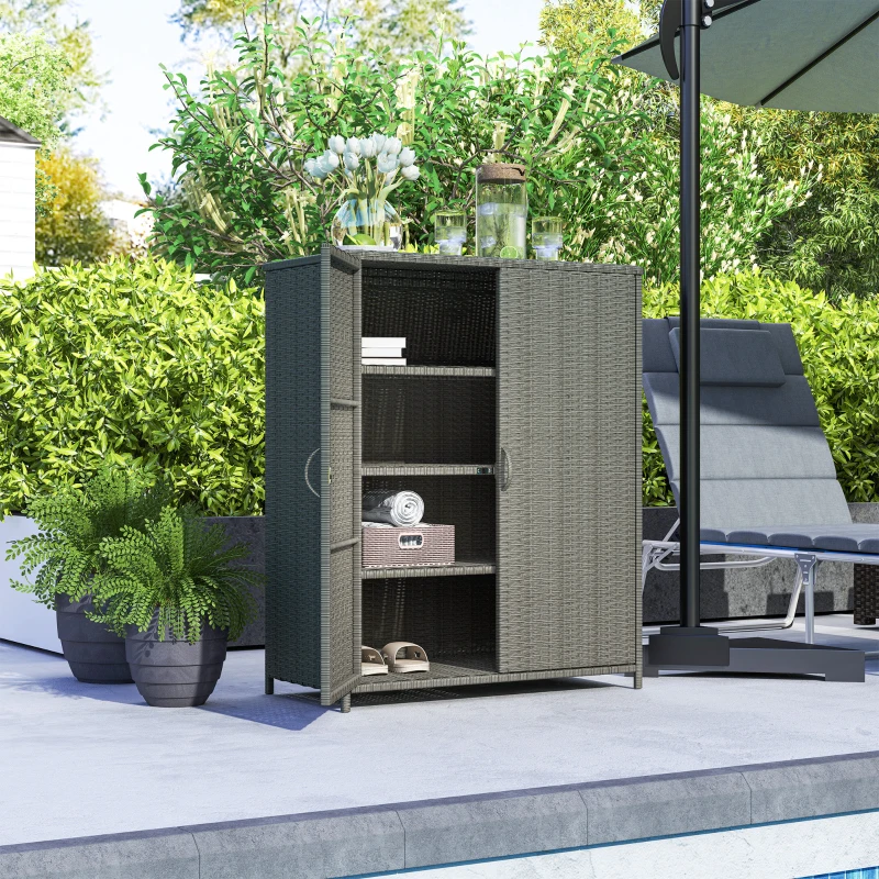 Outsunny Wicker Outdoor Storage Cabinet, Pool Storage Organizer with 4 Shelves and 2 Doors for Garden, Backyard, Dark Grey
