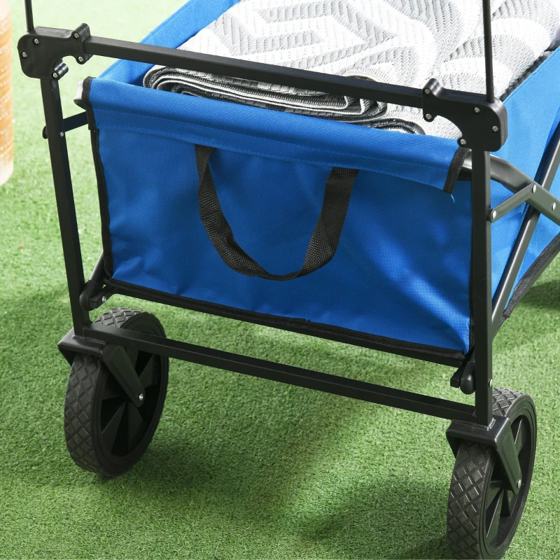 Outsunny Steel Frame Folding Garden Cart, Collapsible Wagon Cart with Removable Canopy, Telescopic Handle and Carrying Bag, Dark Blue