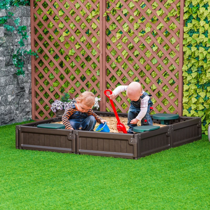 Outsunny Kids Outdoor Sandbox with Cover Garden Bed, Easy Assembly for Backyard, Brown, 48.5" x 48.5" x 8.25"