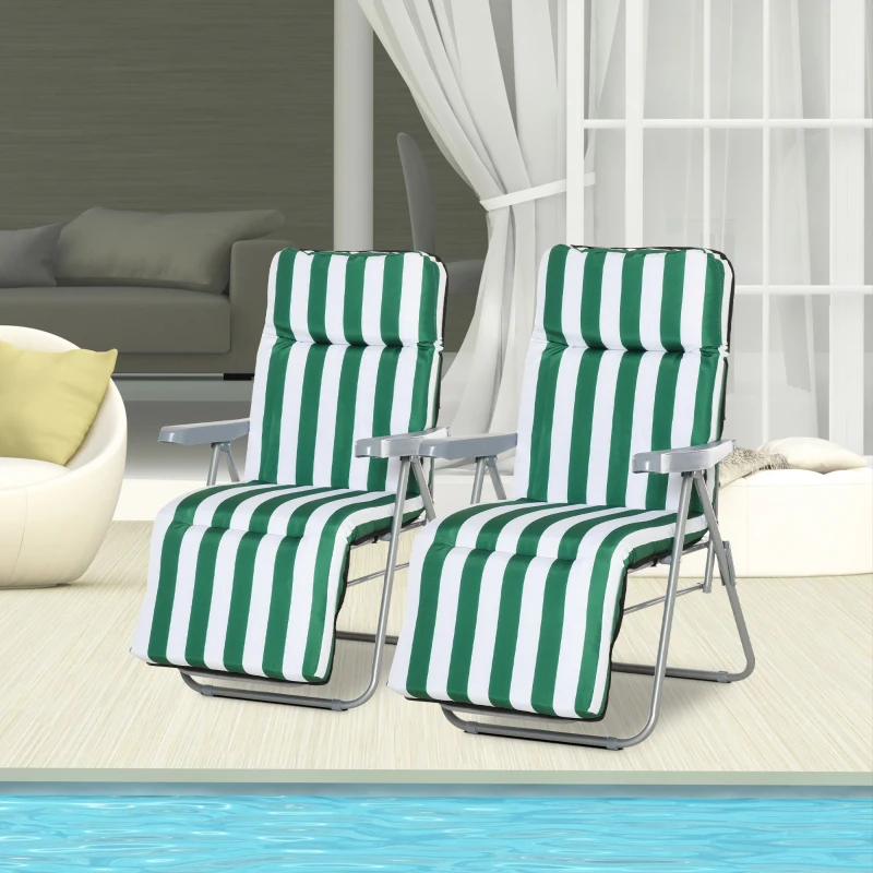 Outsunny Set of 2 Garden Sun Lounger, Outdoor Reclining Seat Cushioned Seat, Foldable Adjustable Recliner, White and Green