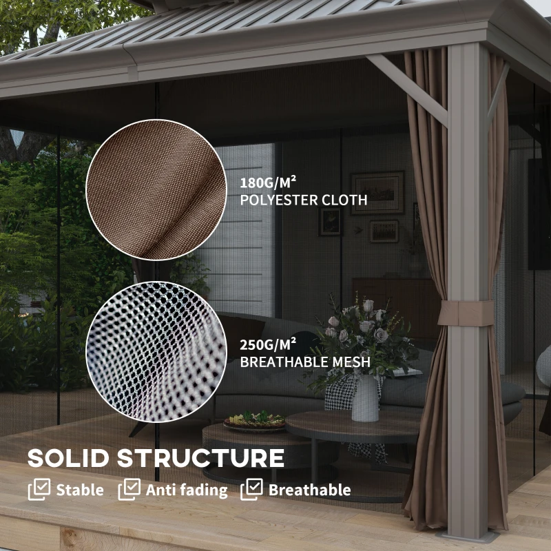Outsunny 10' x 12' Hardtop Gazebo with Curtains and Netting, Permanent Pavilion Metal Double Roof Gazebo Canopy with Aluminum Frame and Hooks, for Garden, Patio, Backyard, Dark Brown