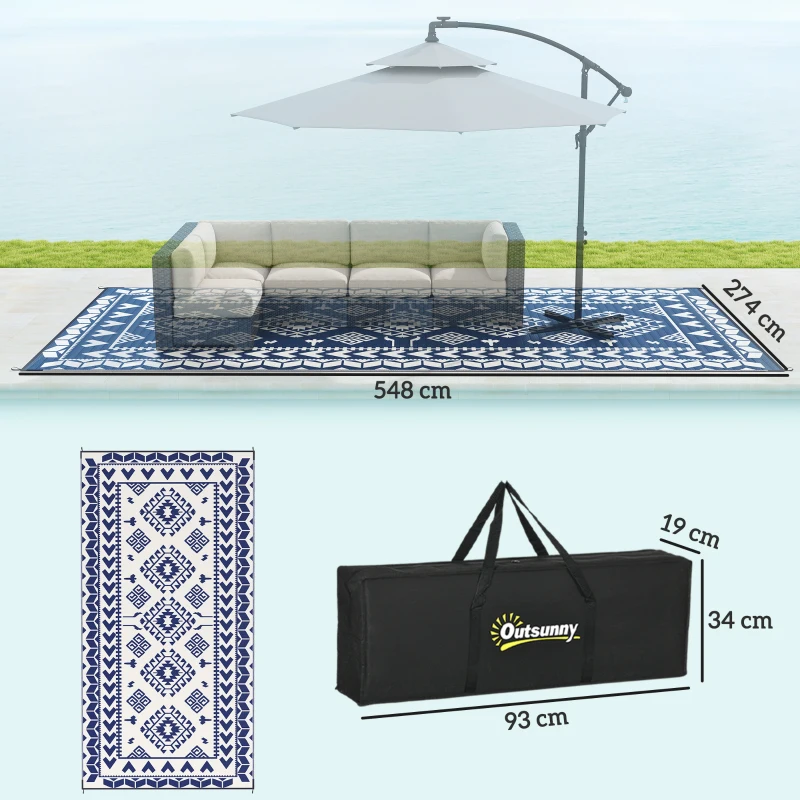 Outsunny Reversible Outdoor Rug, Waterproof Plastic Straw with Carry Bag, 9' x 18', Blue & White Rhombus Patchwork