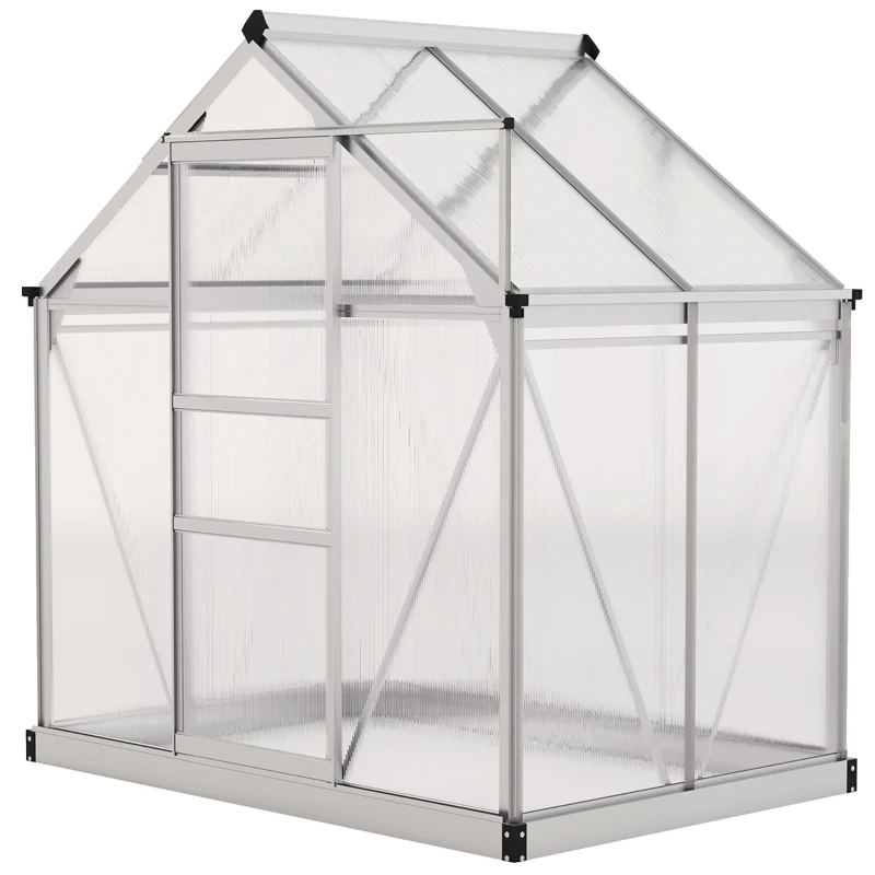 Outsunny 6' x 4' x 6.6' Polycarbonate Greenhouse, Walk-In Green House Kit Garden, Plants Grow, Galvanized Sheet Aluminum Frame with Rain Gutter, Vent and Sliding Door, Silver