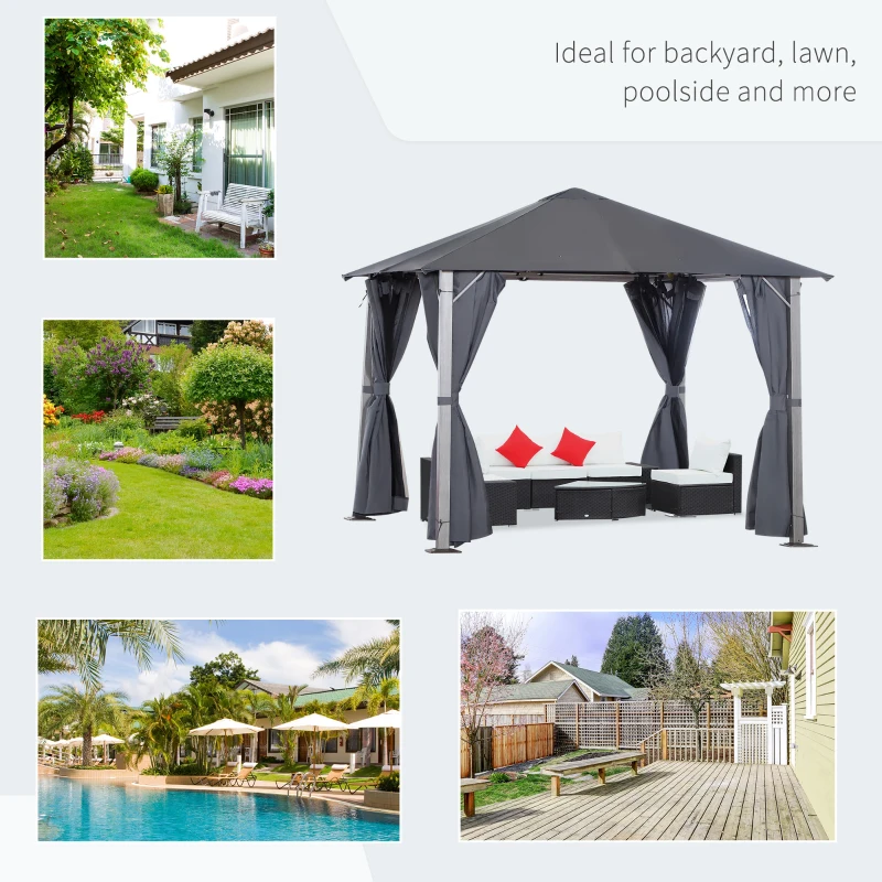 Outsunny 10' x 10' Patio Gazebo, Outdoor Gazebo Canopy Shelter with Netting & Curtains, Vented Roof, for Garden, Lawn, Backyard and Deck, Dark Gray