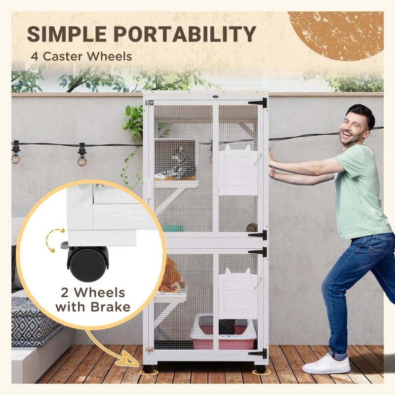 PawHut Catio Outdoor, Elevated Design, with Wheels, Resting Box, Water-Resistant, Multi Platforms, White