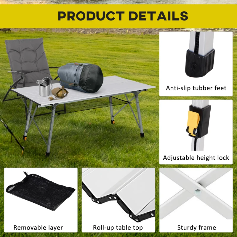 Outsunny 4FT Folding Aluminium Picnic Table Portable Camping BBQ Table Roll Up Top Mesh Layer Rack with Carrying Bag Silver