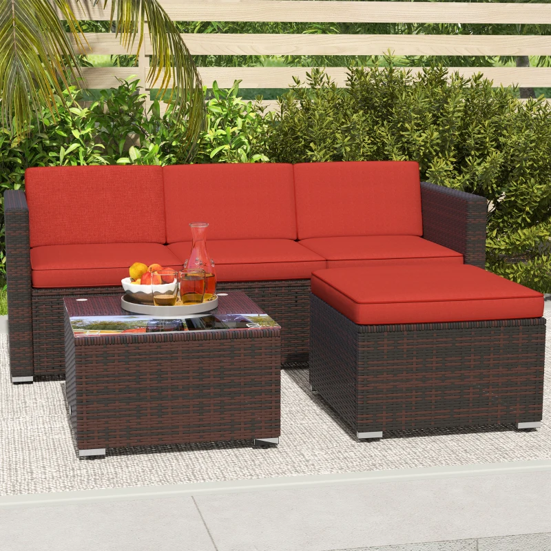 Outsunny Patio Furniture w/ Soft Cushions, Corner Sofa Sets, Red