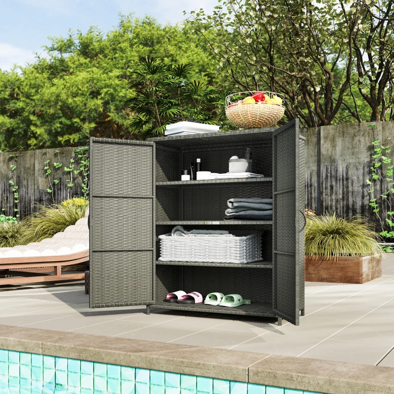 Outsunny Wicker Outdoor Storage Cabinet, Pool Storage Organizer with 4 Shelves and 2 Doors for Garden, Backyard, Dark Grey
