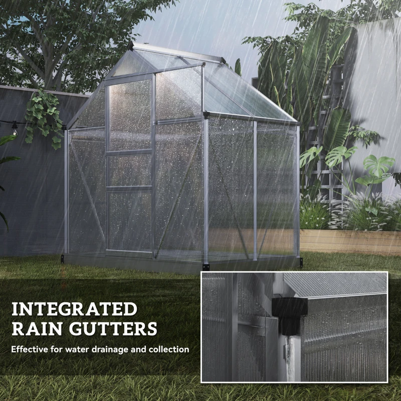 Outsunny 6' x 4' x 6.6' Polycarbonate Greenhouse, Walk-In Green House Kit Garden, Plants Grow, Galvanized Sheet Aluminum Frame with Rain Gutter, Vent and Sliding Door, Silver