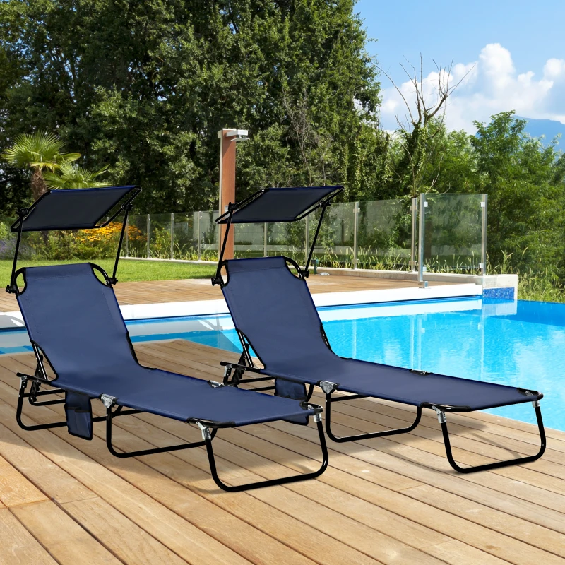 Outsunny 2 Piece Folding Outdoor Chaise Lounges, Pool, Sun, Tanning Chairs with Reclining Back, Sunshade for Beach, Patio, Blue