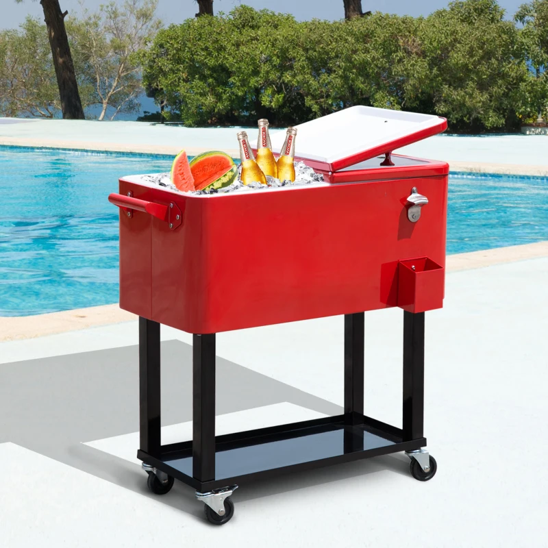 Outsunny 80 Quart Rolling Cooler Cart Portable Patio Ice Beer Beverage Cooling Bin for Outdoor Party w/ Bottle Opener & Storage Shelf Red