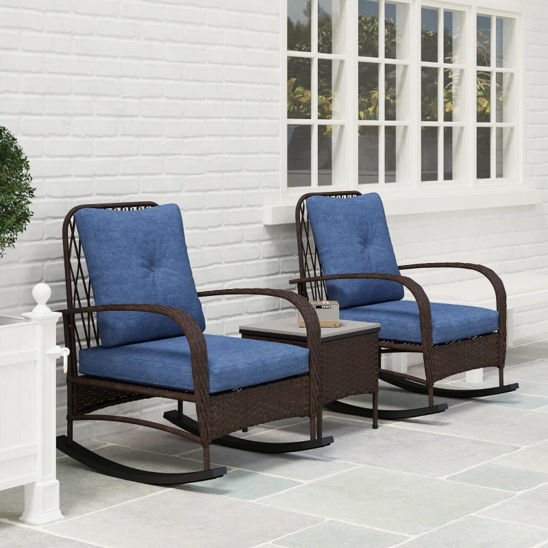 Outsunny 3 Piece Wicker Patio Furniture Set, Outdoor PE Rattan Rocking Chairs with Coffee Table, Cushions for Porch, Brown