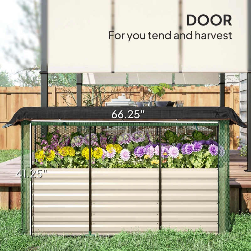 Outsunny Galvanized Steel Planter Box with Crop Cage and Shade Cloth, Raised Garden Bed for Flowers, Veggies and Herbs, Beige