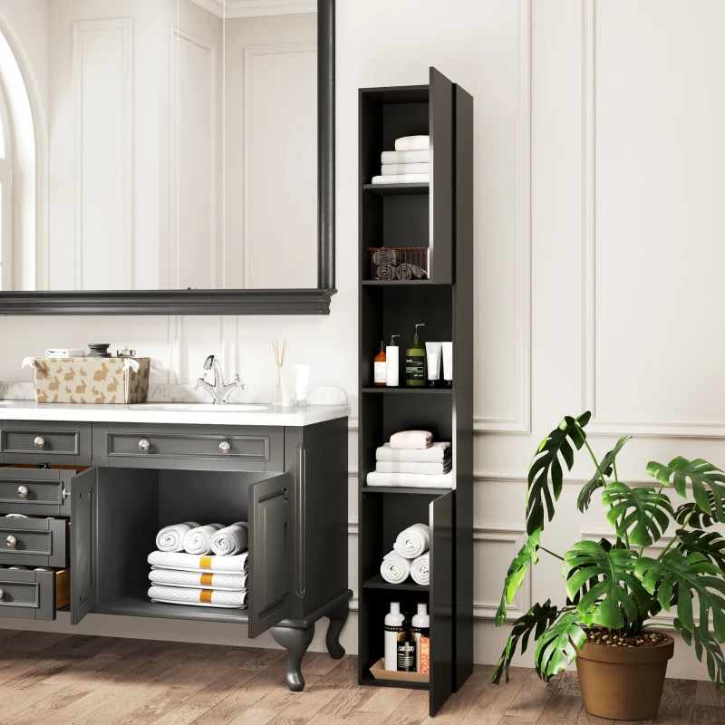 kleankin Tall Bathroom Cabinet, High Gloss Storage Cabinet with Doors and Adjustable Shelves, 11.8" x 11.8" x 71.5", Black