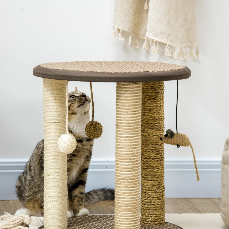 PawHut 17" Cat Tree, Kitty Activity Centre with Hanging Toys, Cat Tower with Jute, Sisal, Seagrass Scratching Post, Brown