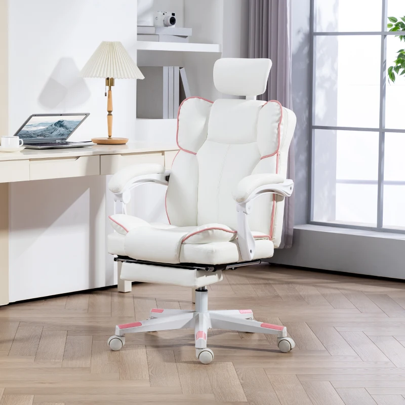 HOMCOM PU Leather Office Chair, Executive Desk Chair with Headrest, Foot Rest, Swivel Wheels, Reclining Computer Chair, White