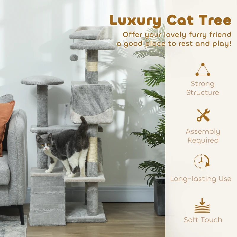 PawHut 53" Cat Tree Scratching Large Kitten Play House Multi-Level Activity Center Pet Furniture, Grey
