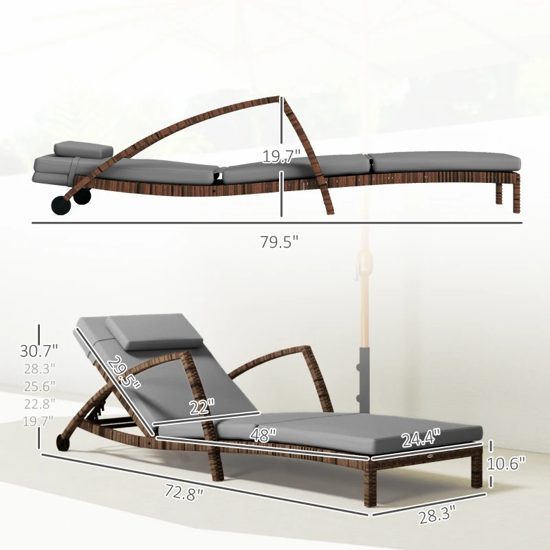 Outsunny Set of 2 Wicker Chaise Lounge Chair Outdoor Patio Lounger with 5 Adjustable Back, Wheels, Cushion, and Armrests, Gray