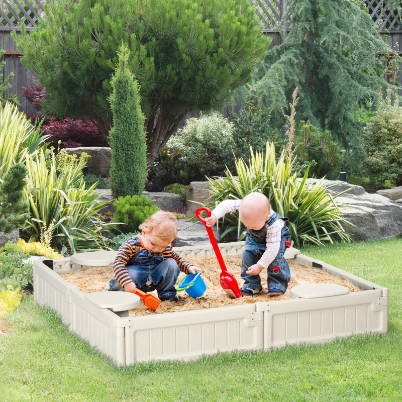 Outsunny Kids Outdoor Sandbox with Cover Garden Bed, Easy Assembly for Backyard, Cream White, 48.5" x 48.5" x 8.25"
