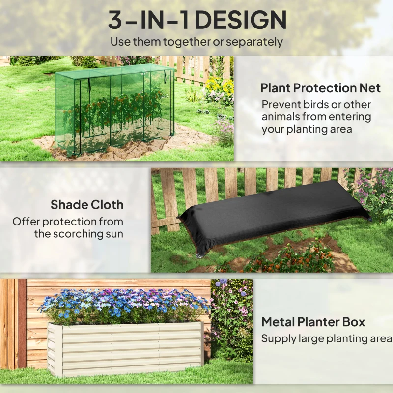 Outsunny Galvanized Steel Planter Box with Crop Cage and Shade Cloth, Raised Garden Bed for Flowers, Veggies and Herbs, Beige