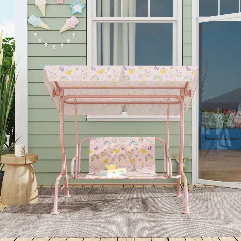 Qaba Kids Patio Swing Chair with Adjustable Canopy, Safety Belt for Patio, Garden, Poolside, Balcony, Pink