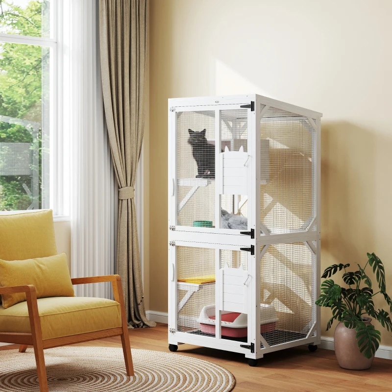 PawHut Catio Outdoor, Elevated Design, with Wheels, Resting Box, Water-Resistant, Multi Platforms, White