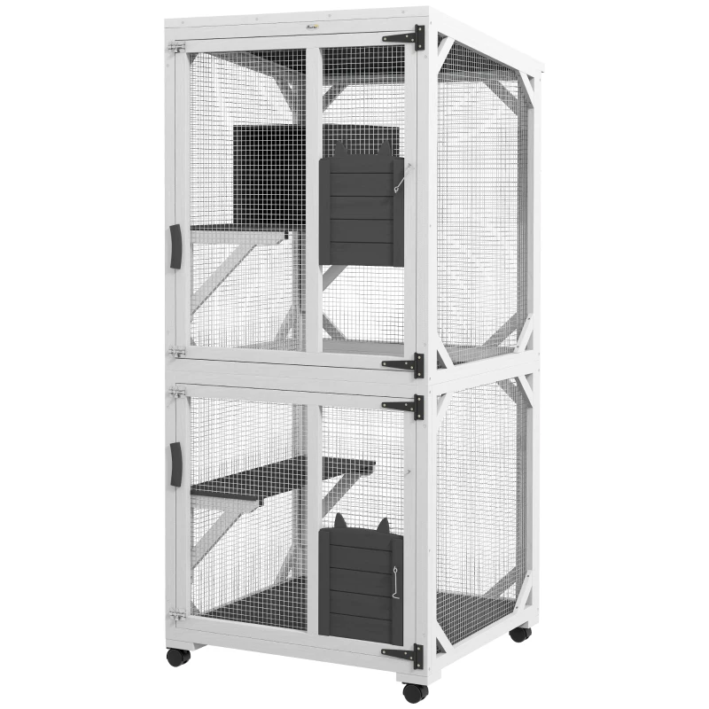 PawHut Catio Outdoor, Elevated Design, with Wheels, Resting Box, Water-Resistant, Multi Platforms, White & Grey