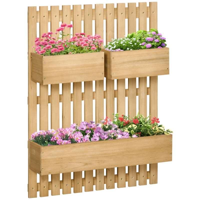 Outsunny 3 Box Raised Garden Bed with Trellis, Wall-Mounted Wood Planter Box Set with Drainage Hole for Flowers, Climbing Plants
