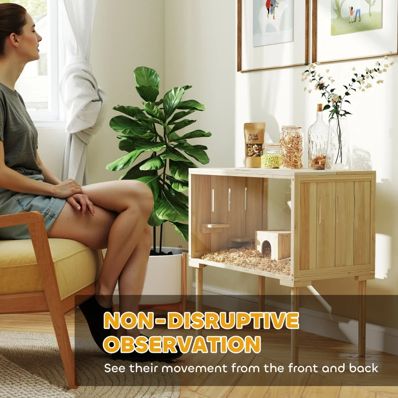 PawHut Wooden Hamster Cage with Legs, Gerbil Cage for Syrian, Dwarf, Mouse, 28" x 16" x 29.5", Nature Wood