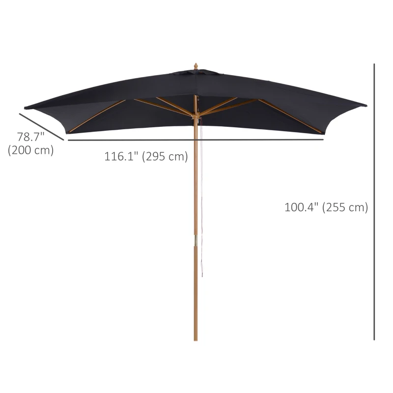 Outsunny 7' x 10' Wooden Patio Umbrella Rectangle Garden Parasol Outdoor Sunshade Canopy with Bamboo Ribs for Garden Black