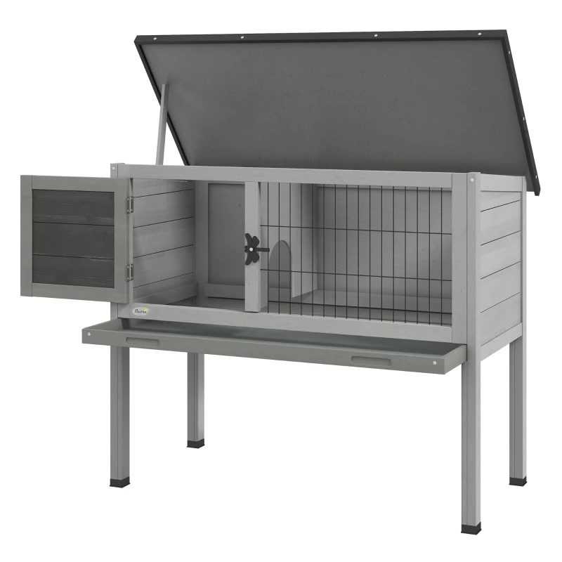 PawHut Wooden Rabbit Hutch with Openable Asphalt Roof, Tray, Grey