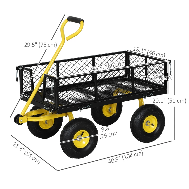 Outsunny Steel Garden Cart, Utility Wagon with Removable Sides, 10" Wheels, 180° Rotating Handle, 440lbs Capatity