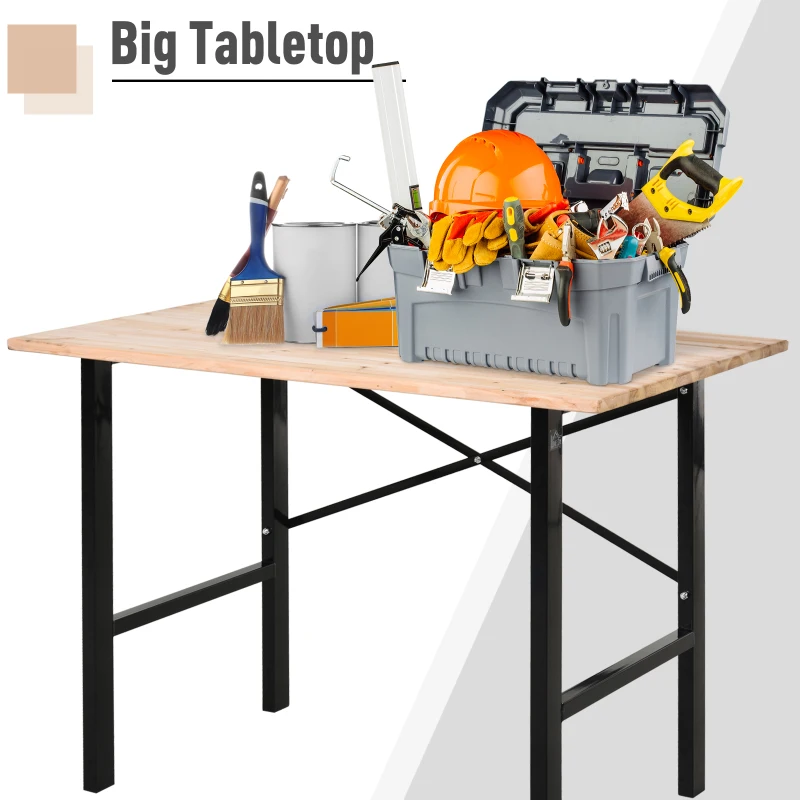 HOMCOM 46" Workbench Table Fir Wood Top, Heavy-Duty Steel X-Shape Bracket Work Table High Stability Workstation, Easy Assembly for Garage Kitchen Office