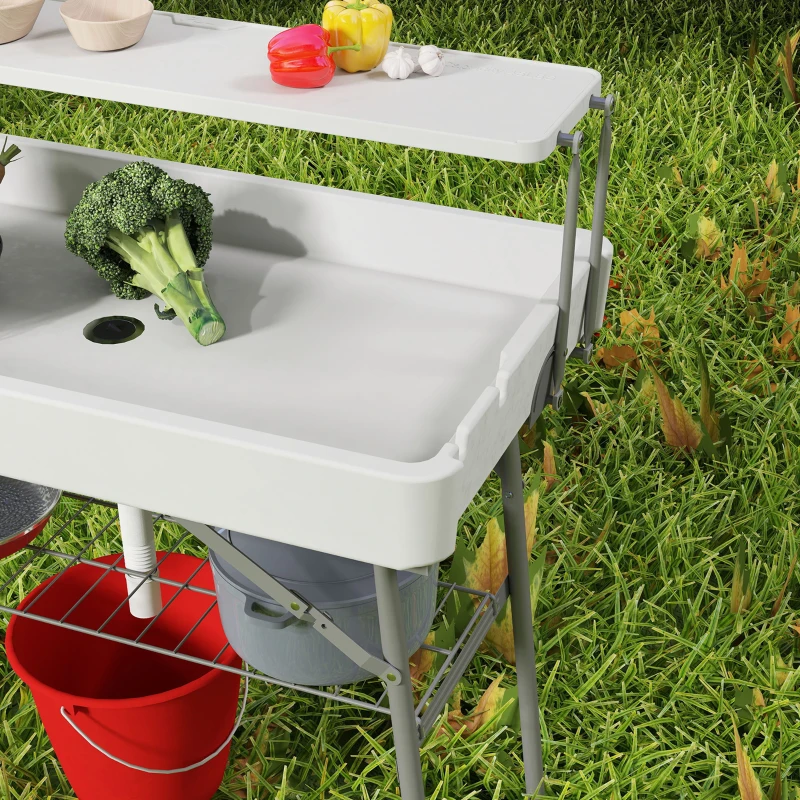 Outsunny 3.5ft Folding Ice Cooler Table with Drain, 2-Tier Outdoor Patio Party Cooler, Fishing Cleaning Table with Storage Shelf for Picnic BBQ Camping Wedding, White