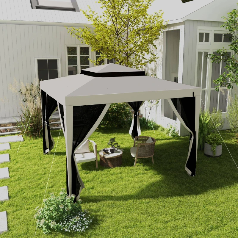 Outsunny 10' x 10' Outdoor Canopy Tent Party Tent with Mesh Netting and Double Tier Roof for Backyard, Garden, Patio, Cream White