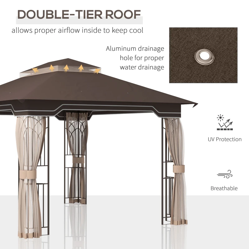 Outsunny 10' x 12' Patio Gazebo Outdoor Canopy Shelter with Double Tier Roof and Nettings for Garden Lawn Backyard Deck, Brown