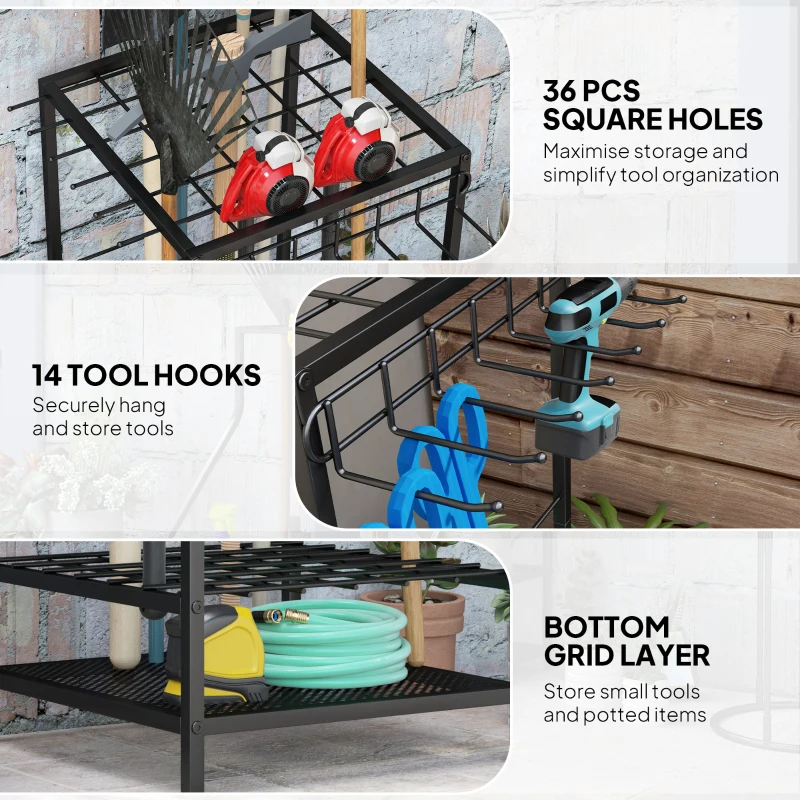 Outsunny 3-Tier Yard Tool Tower Rack, Garden Tool Organizer with 14 Hooks for Long-Handled Rakes, Shovel, Broom, Black