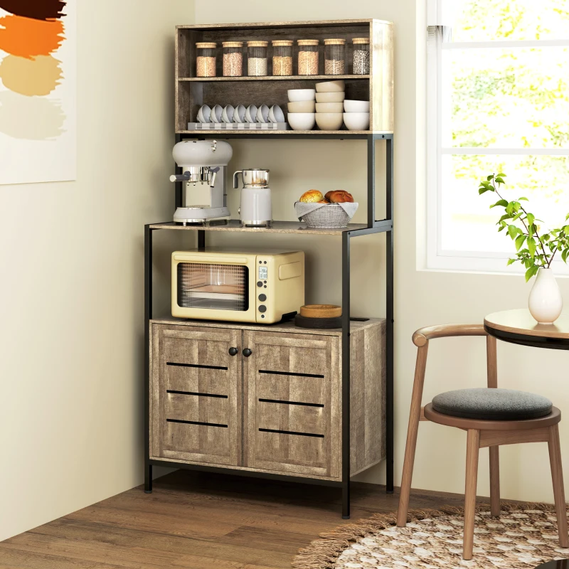 HOMCOM Baker's Rack with Power Outlet and Storage Shelves, Microwave Stand with Louvred Door Cabinets, Gray Wood Grain