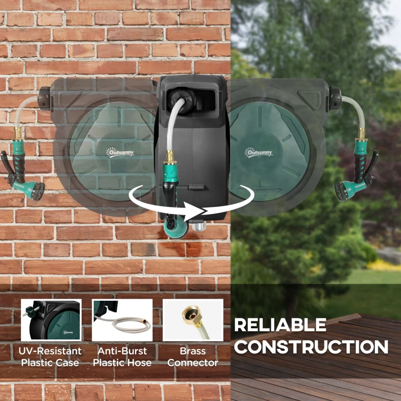 Outsunny 1/2 in x 100ft Wall Mounted Garden Hose Reel, Retractable Water Hose Reel with Auto Rewind, Any Length Lock, Black