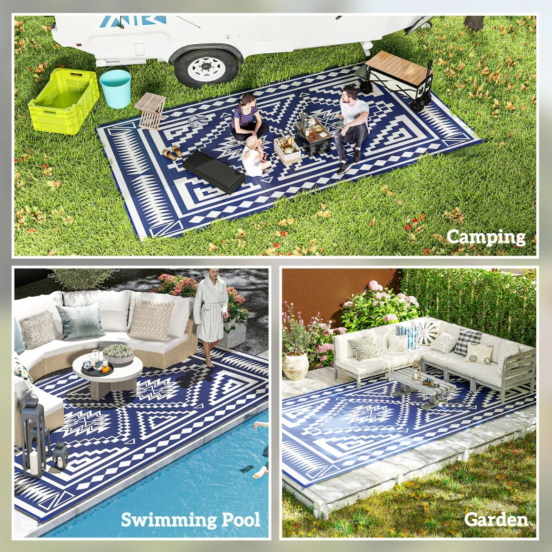 Outsunny Reversible Outdoor Rug, Waterproof Plastic Straw with Carry Bag, 9' x 18', Blue & White Square Patchwork