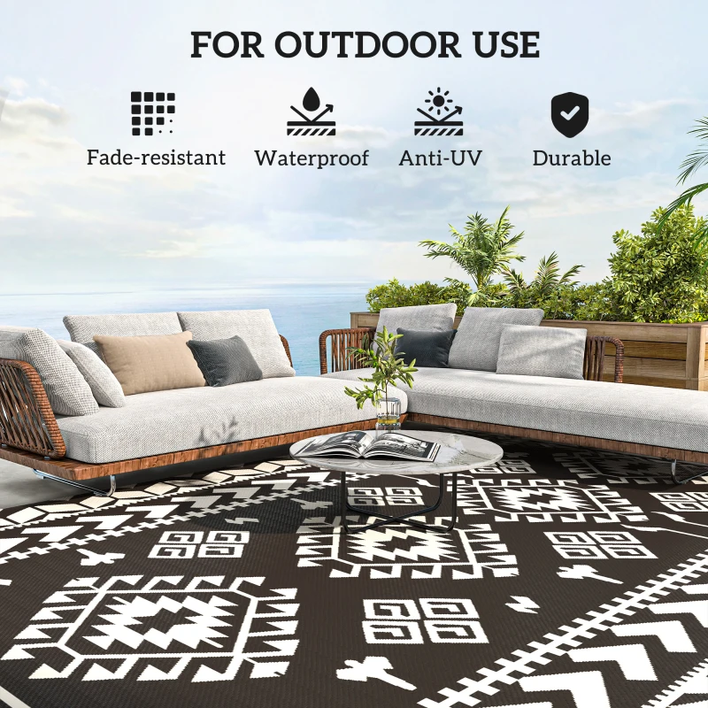 Outsunny Reversible Outdoor Rug, Waterproof Plastic Straw with Carry Bag, 9' x 18', Black & White Rhombus Patchwork