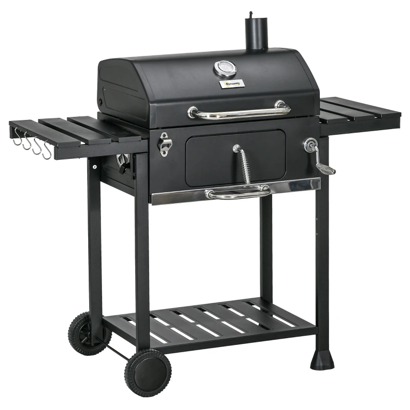 Outsunny Charcoal BBQ Grill Smoker with Adjustable Charcoal Pan and Galvanised Steel Shell, Barbecue Grill Trolley with Storage