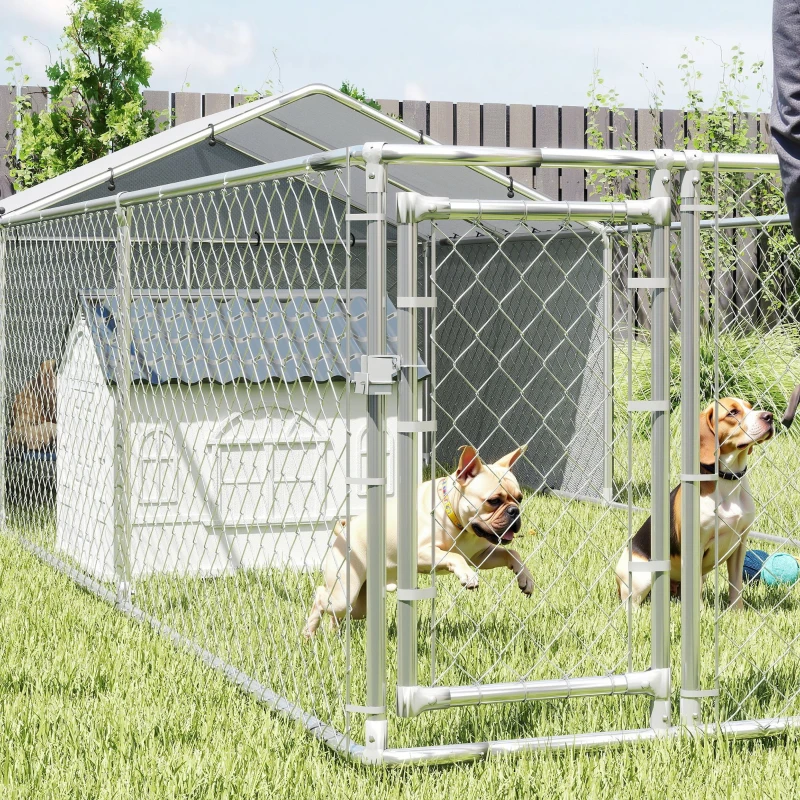 PawHut Galvanized Steel Dog Kennel Outdoor with Waterproof & UV-Resistant Cover for Large Dogs, 19.7' x 7.5' x 4.9'