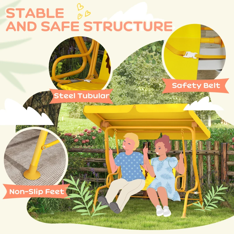 Qaba Kids Patio Swing Chair with Adjustable Canopy, Safety Belt for Patio, Garden, Poolside, Balcony, Yellow