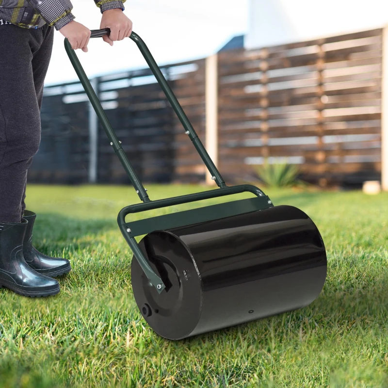 Outsunny 20-Inch Push/Tow Behind Lawn Roller Filled with 10 Gal Water or Sand for Flattening Sod in the Garden, Dark Green