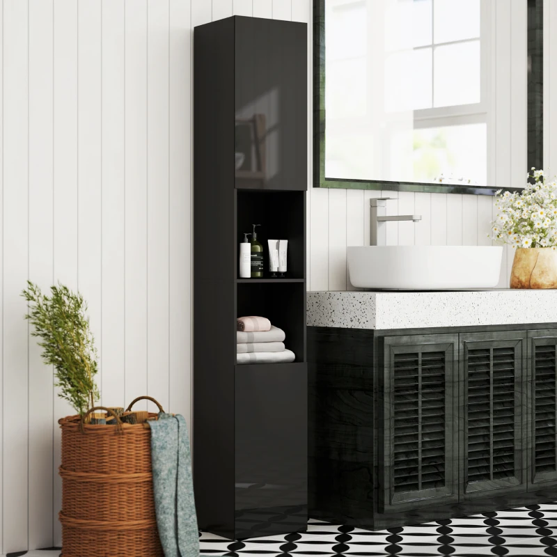 kleankin Tall Bathroom Cabinet, High Gloss Storage Cabinet with Doors and Adjustable Shelves, 11.8" x 11.8" x 71.5", Black