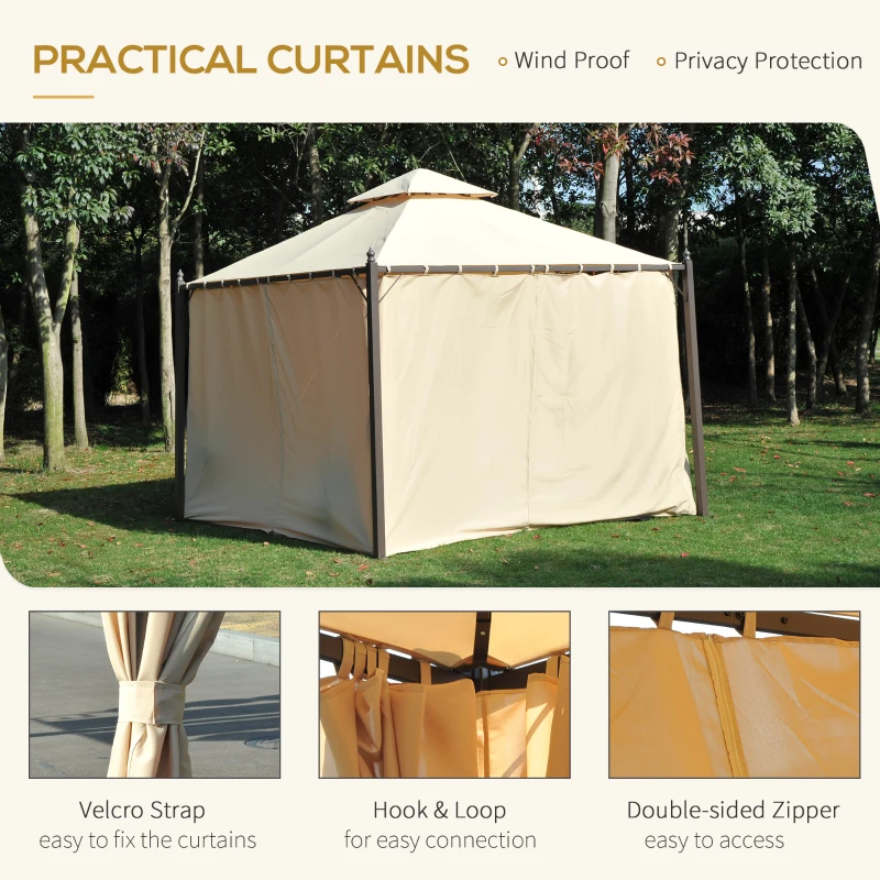 Outsunny 10' x 10' Steel Outdoor Patio Gazebo with Polyester Privacy Curtains, Two-Tier Roof for Air, Large Design