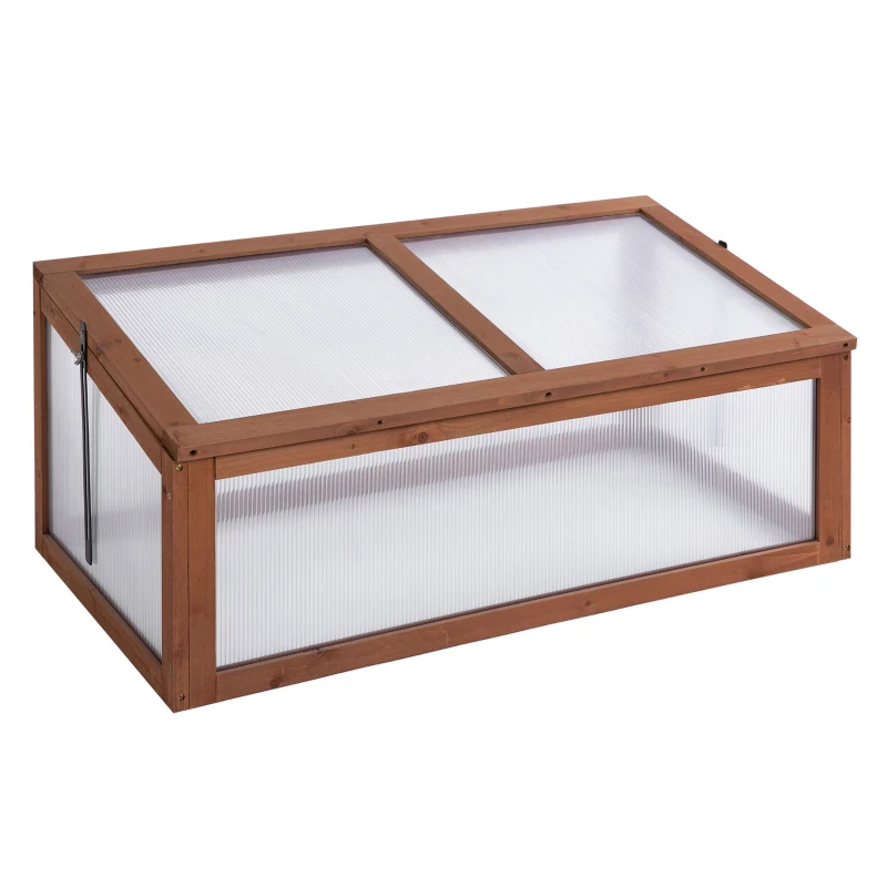 Outsunny 39" x 26" x 16" Wooden Cold Frame with Openable and Tilted Top Cover, Small Polycarbonate Planter Box for Flowers, Vegetables, Plants, Brown