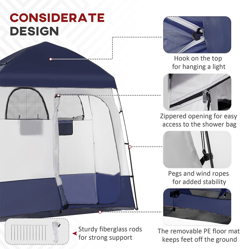 Outsunny Two Room Pop Up Shower Tent with Shower Bag, Floor and Carry Bag, Blue